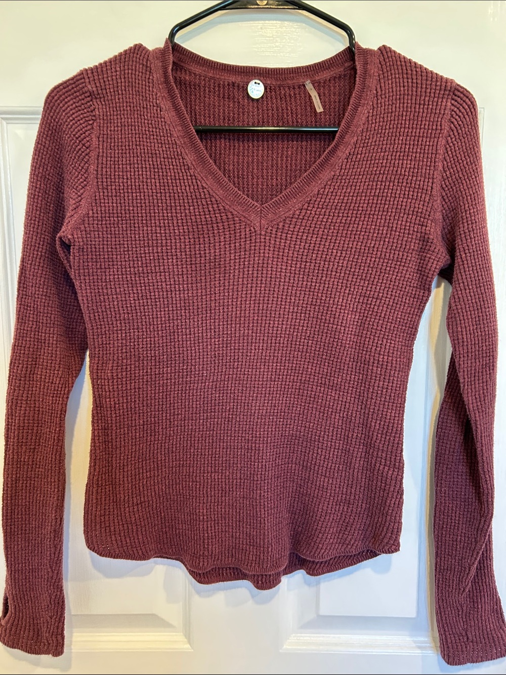 Margaret O’Leary Plum Women's V-Neck Waffle Knit Long Sleeve - small